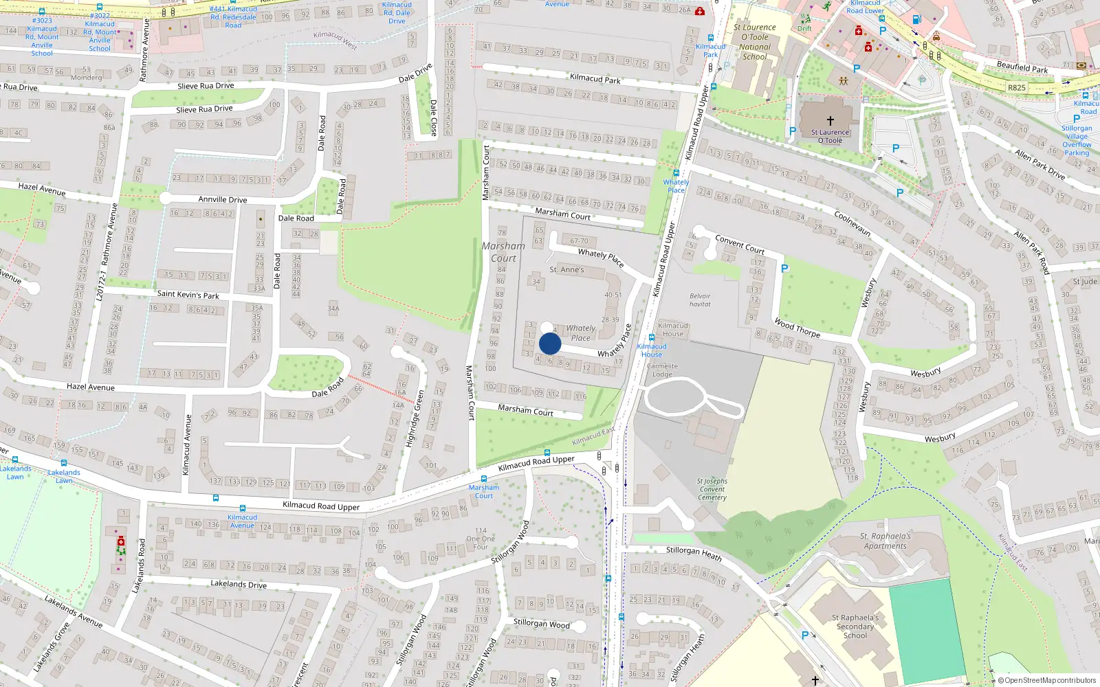 Overhead map showing the location of 5 Whately Place, Stillorgan