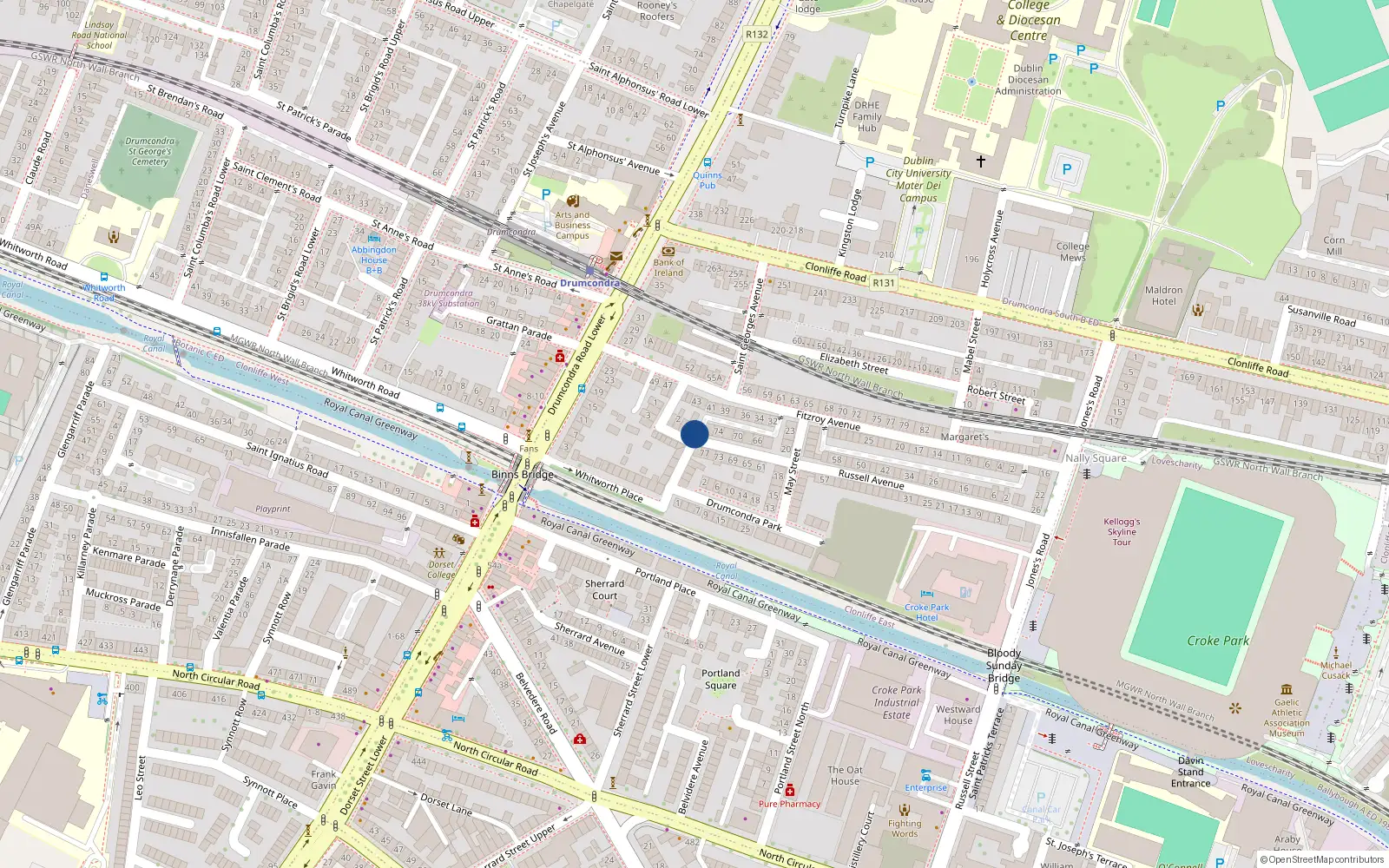 Overhead map showing the location of 5 Whitworth Terrace, Dublin 3