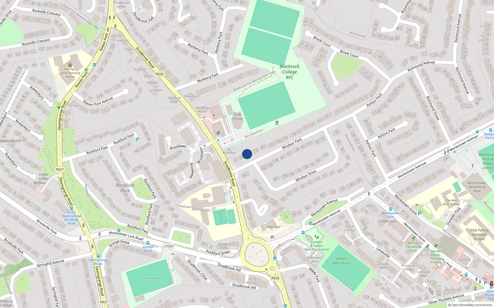 Overhead map showing the location of 5 Windsor Park, Monkstown