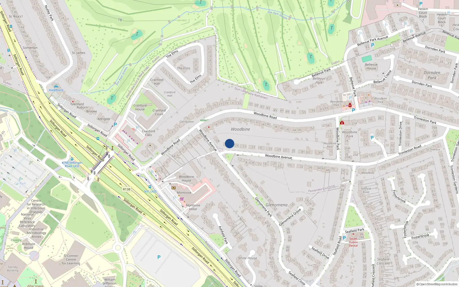Overhead map showing the location of 5 Woodbine Avenue, Blackrock