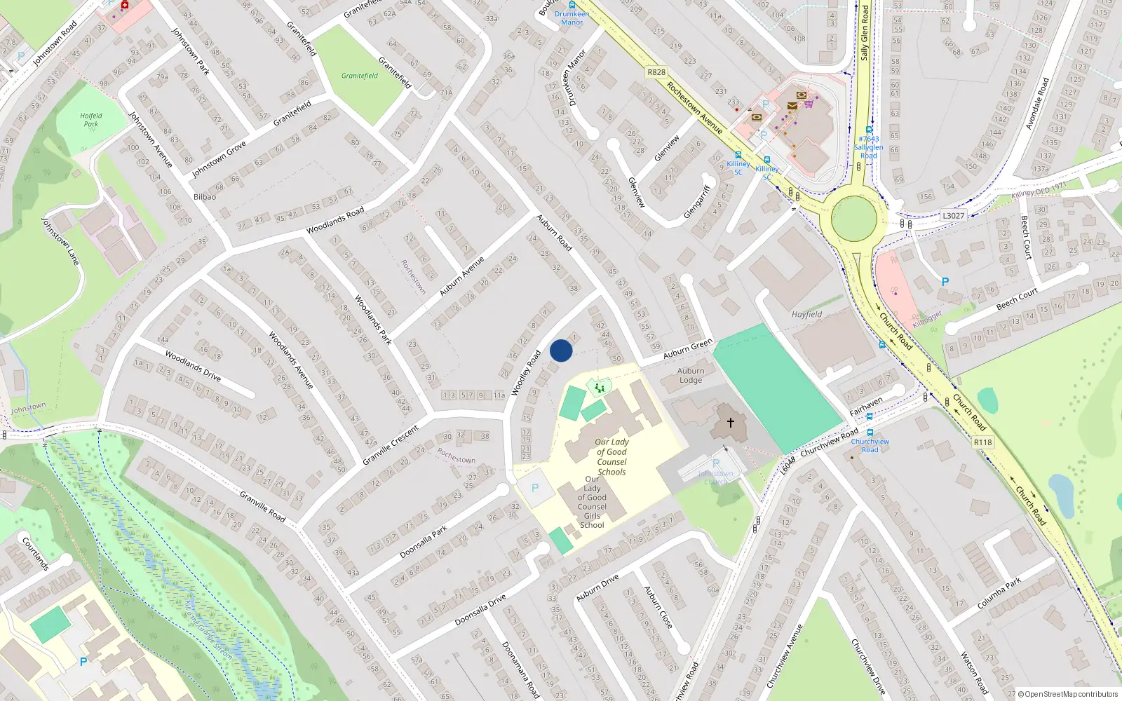 Overhead map showing the location of 5 Woodley Road, Dun Laoire, Dublin