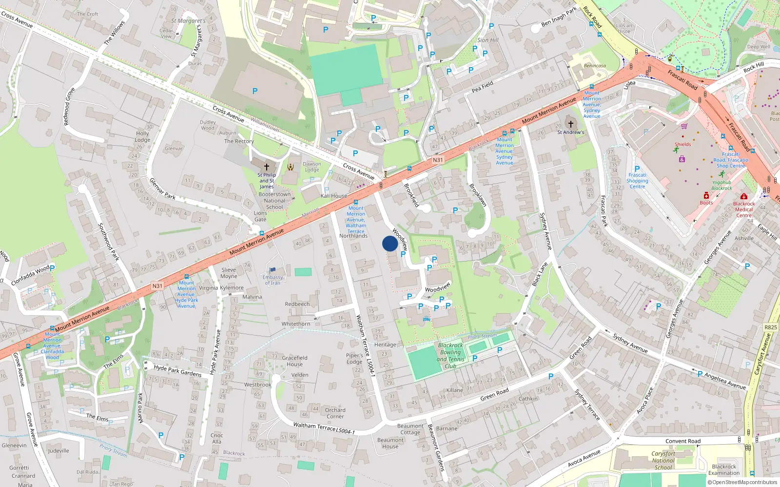 Overhead map showing the location of 5 Woodview, Mount Merrion Avenue, Blackrock Dublin 1