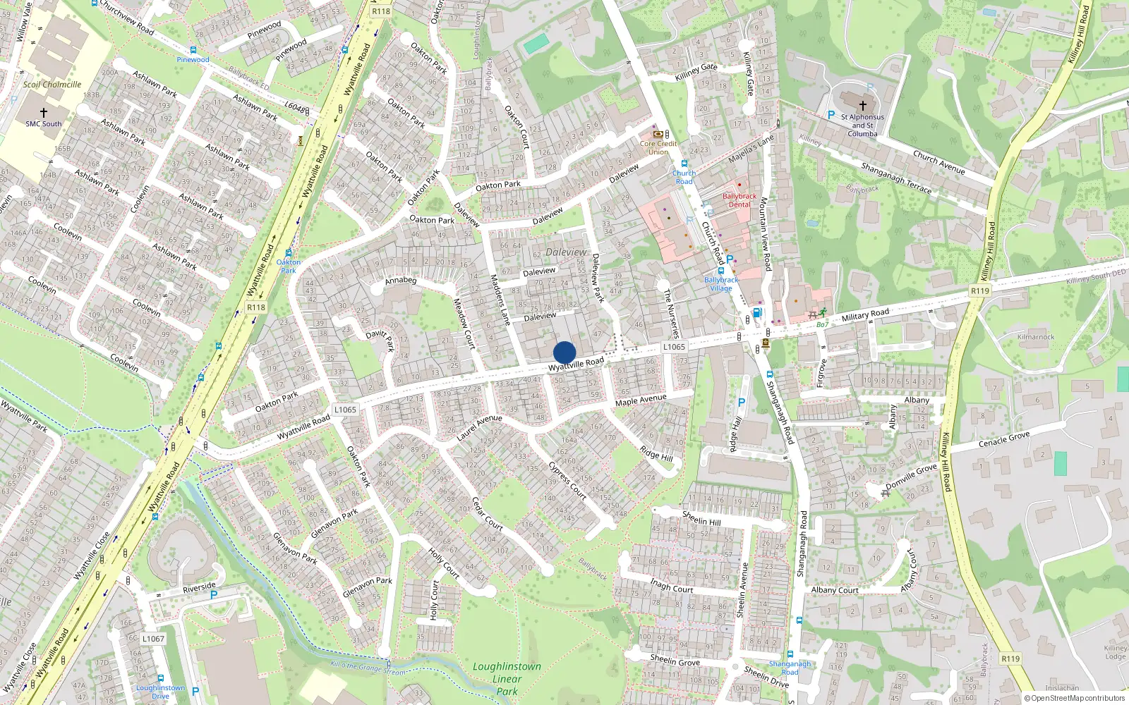 Overhead map showing the location of 5 Wyattville Road, Dublin