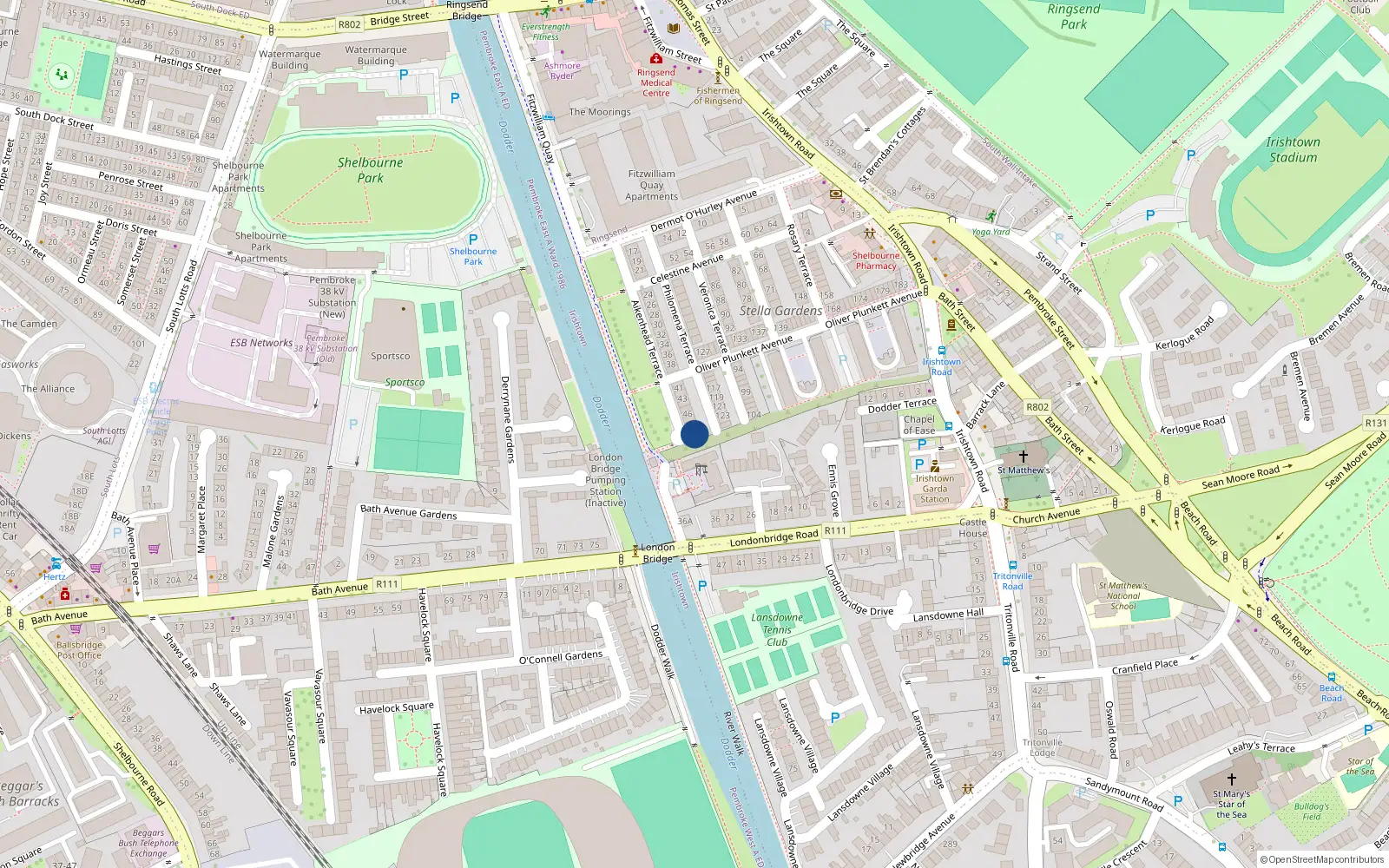 Overhead map showing the location of 50 Aikenhead Terrace, Irishtown