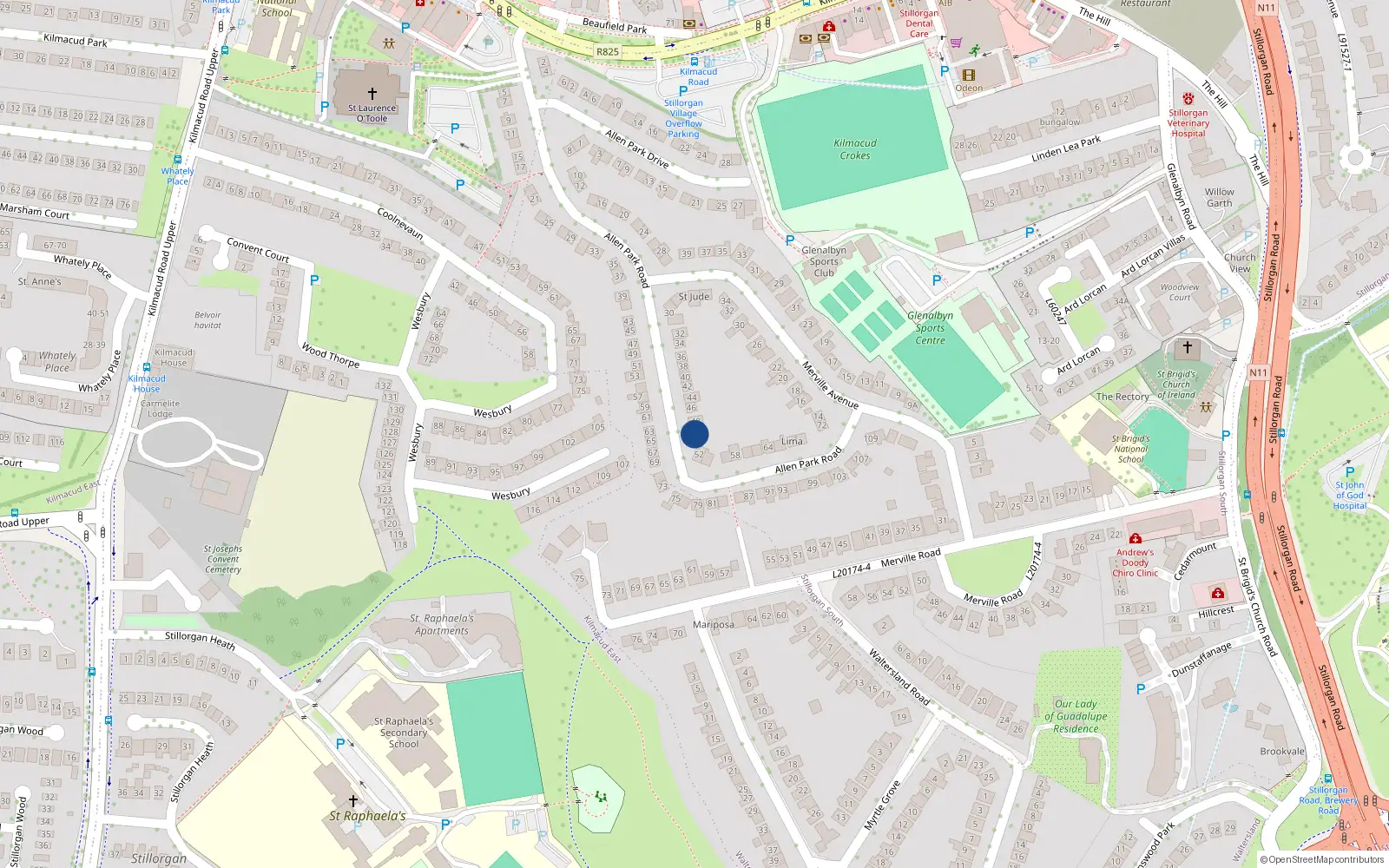Overhead map showing the location of 50 Allen Park Road, Stillorgan, Dublin