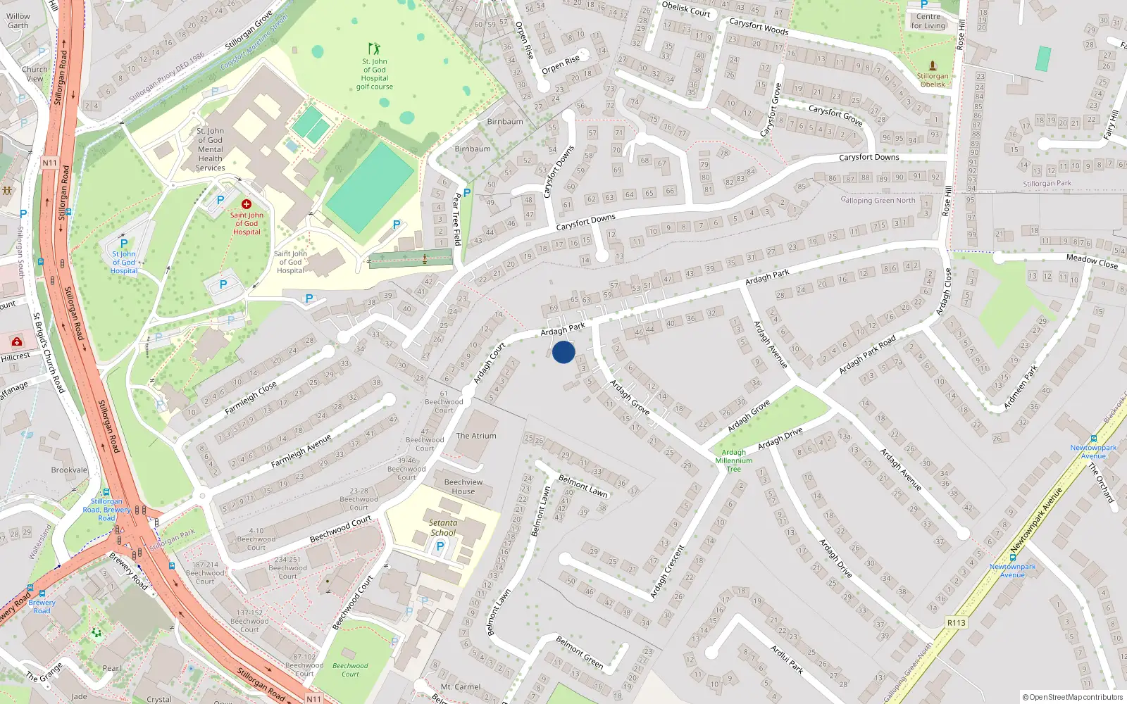 Overhead map showing the location of 50 Ardagh Park, Blackrock, Dublin