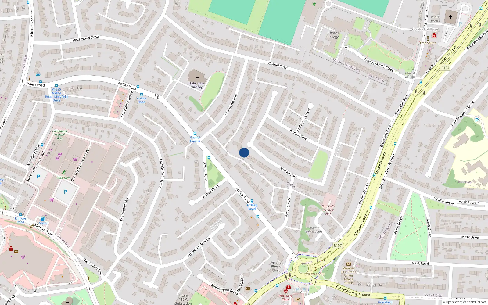 Overhead map showing the location of 50 Ardbeg Park, Artane, Dublin 5