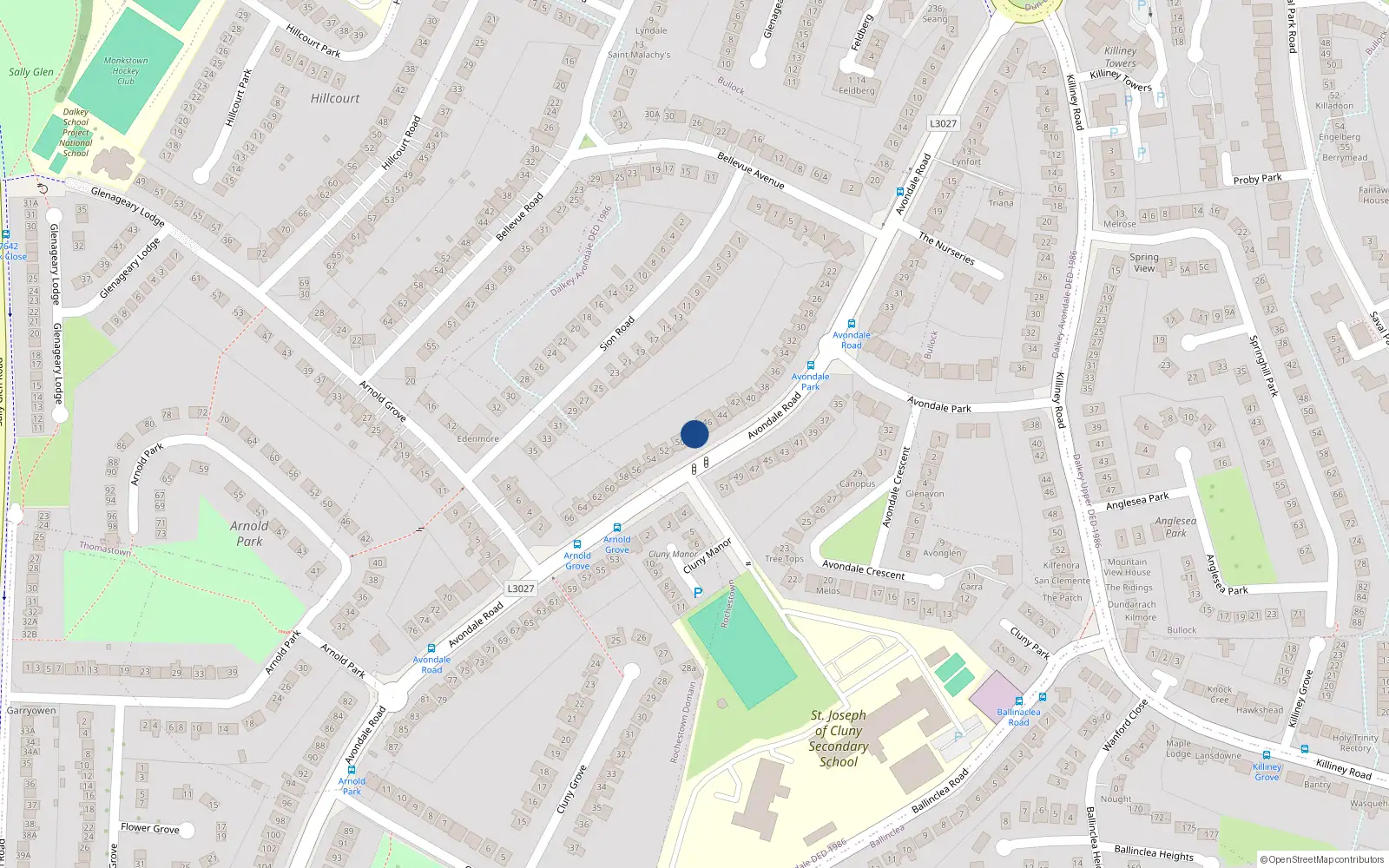 Overhead map showing the location of 50 Avondale Road, Killiney, Dublin