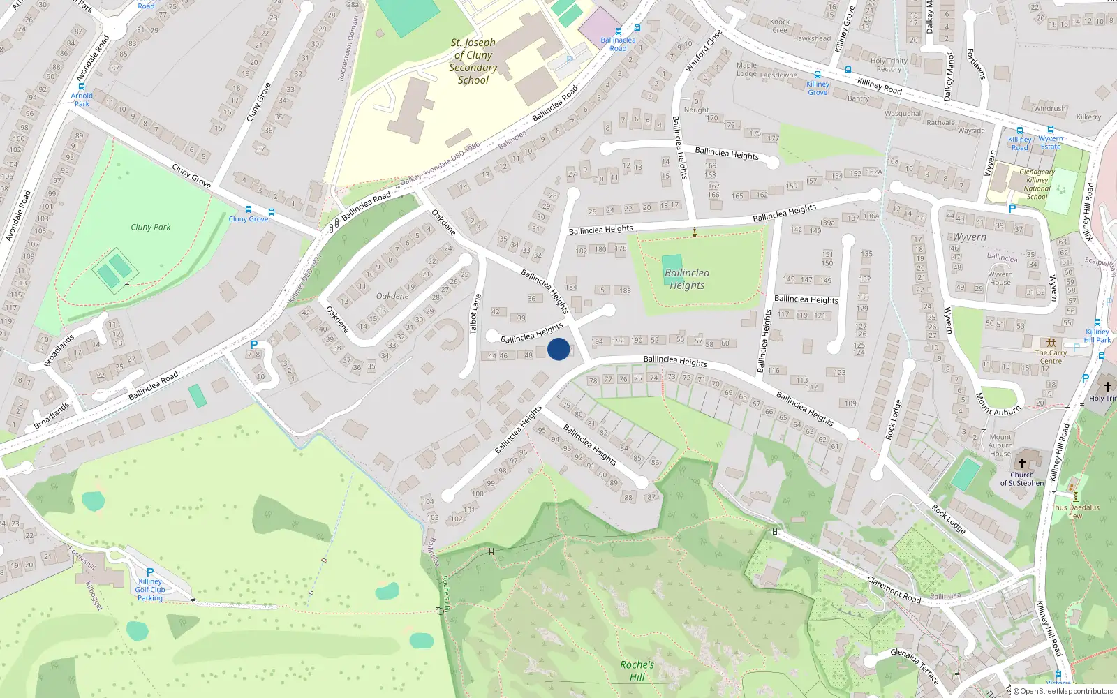 Overhead map showing the location of 50 Ballinclea Heights, Killiney