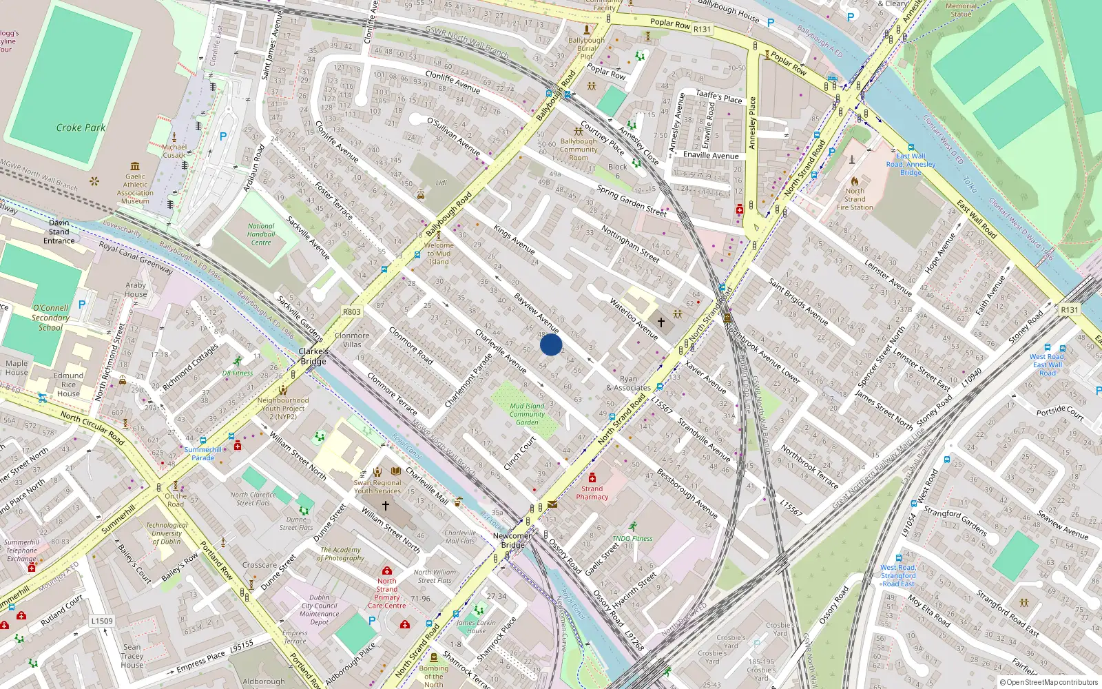 Overhead map showing the location of 50 Bayview Avenue, North Strand, Dublin 3
