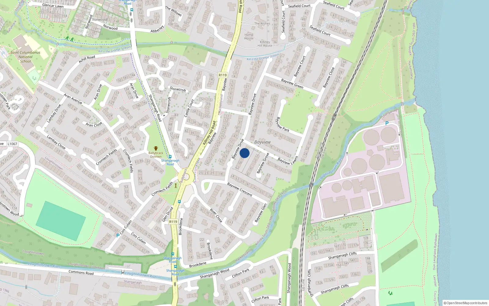 Overhead map showing the location of 50 Bayview Drive, Killiney