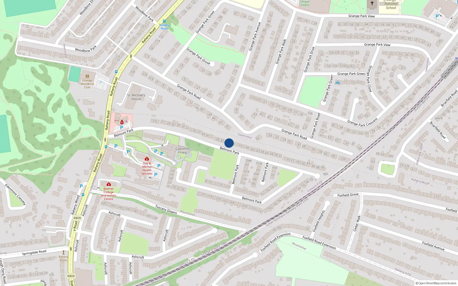 Overhead map showing the location of 50 Belmont Park, Raheny, Dublin 5