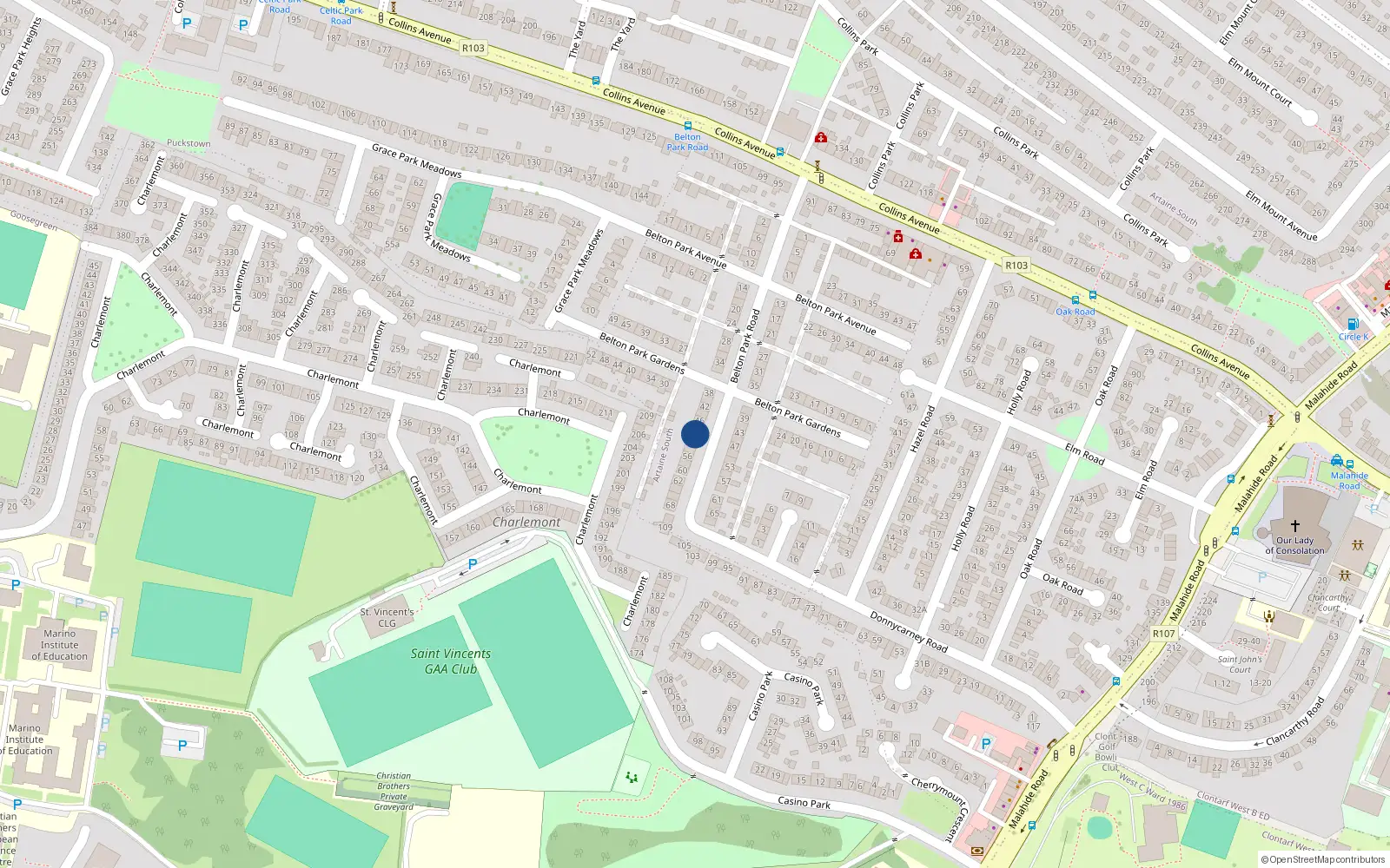 Overhead map showing the location of 50 Belton Park Road, Dublin 9