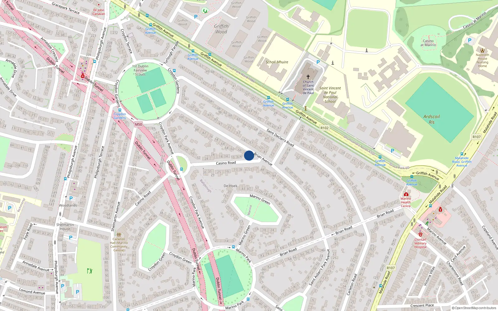 Overhead map showing the location of 50 Brian Avenue, Marino, Dublin 3