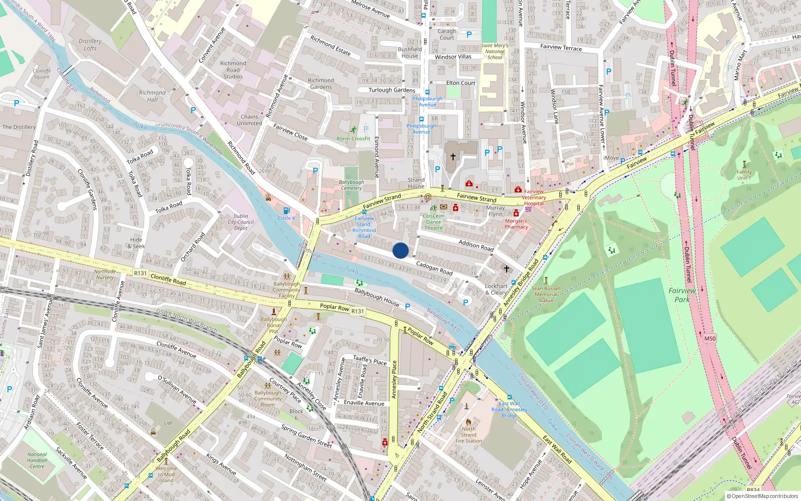 Overhead map showing the location of 50 Cadogan Road, Fairview, Dublin 3
