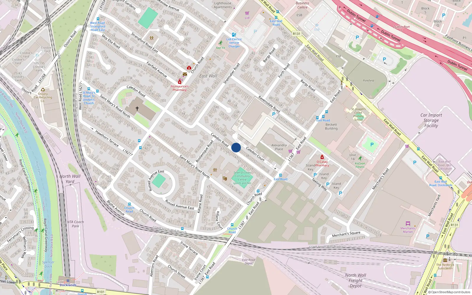 Overhead map showing the location of 50 Caledon Road, East Wall, Dublin 3
