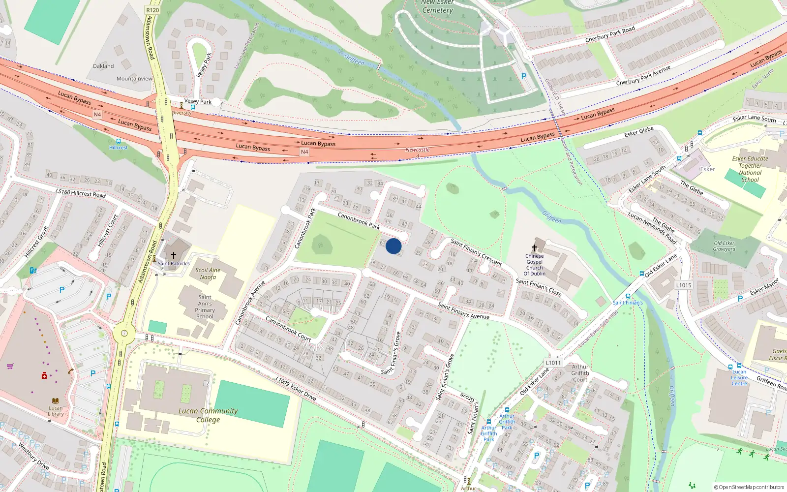 Overhead map showing the location of 50 Cannonbrook Court, Lucan