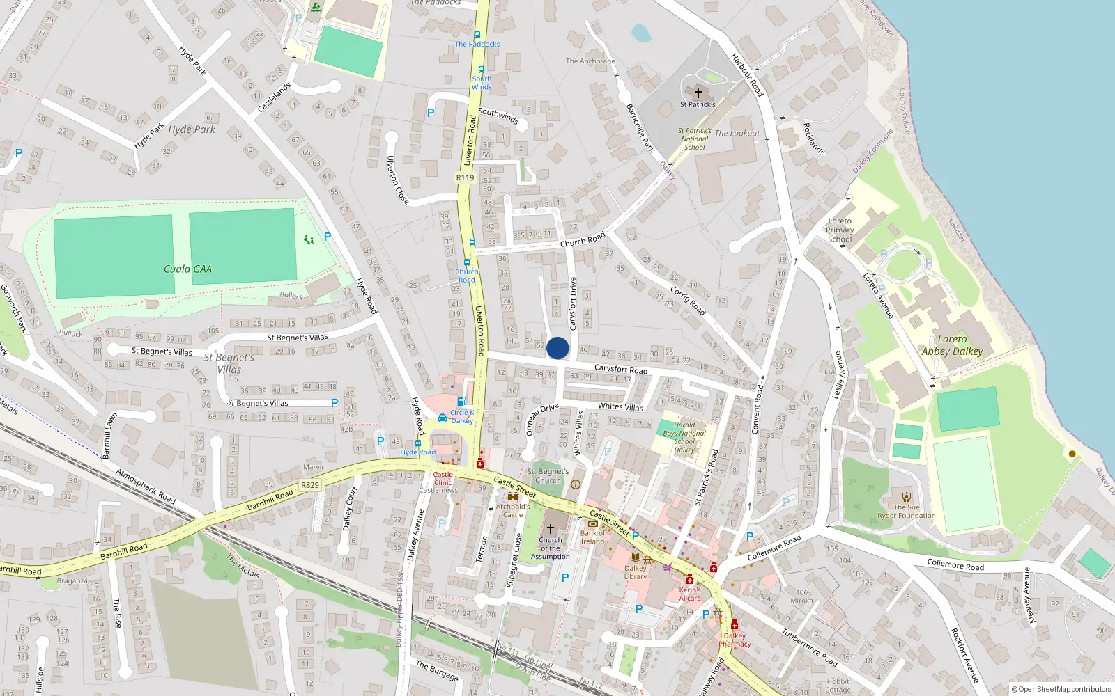 Overhead map showing the location of 50 Carysfort Road, Dalkey