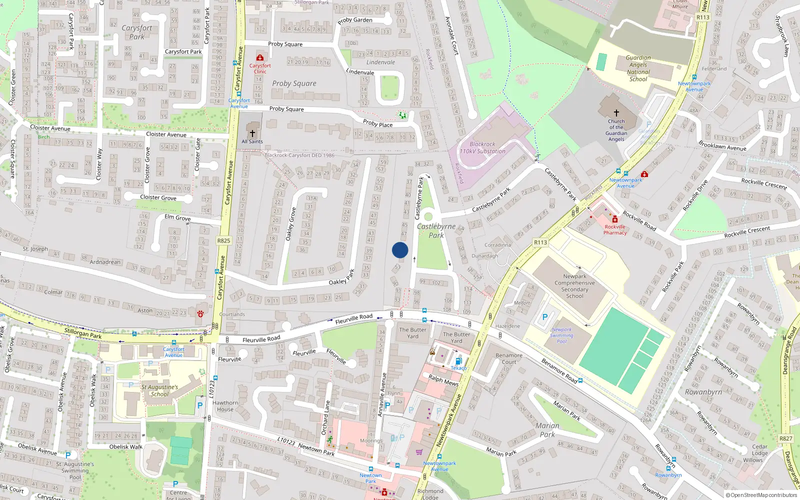 Overhead map showing the location of 50 Castlebyrne Park, Blackrock, Dublin