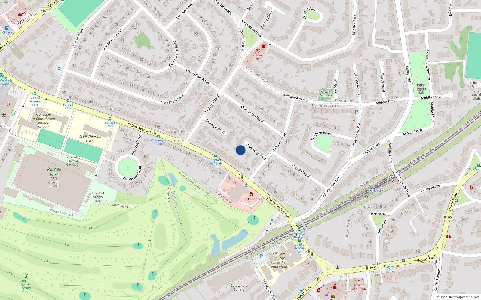 Overhead map showing the location of 50 Clanawley Road, Donnycarney, Dublin 5