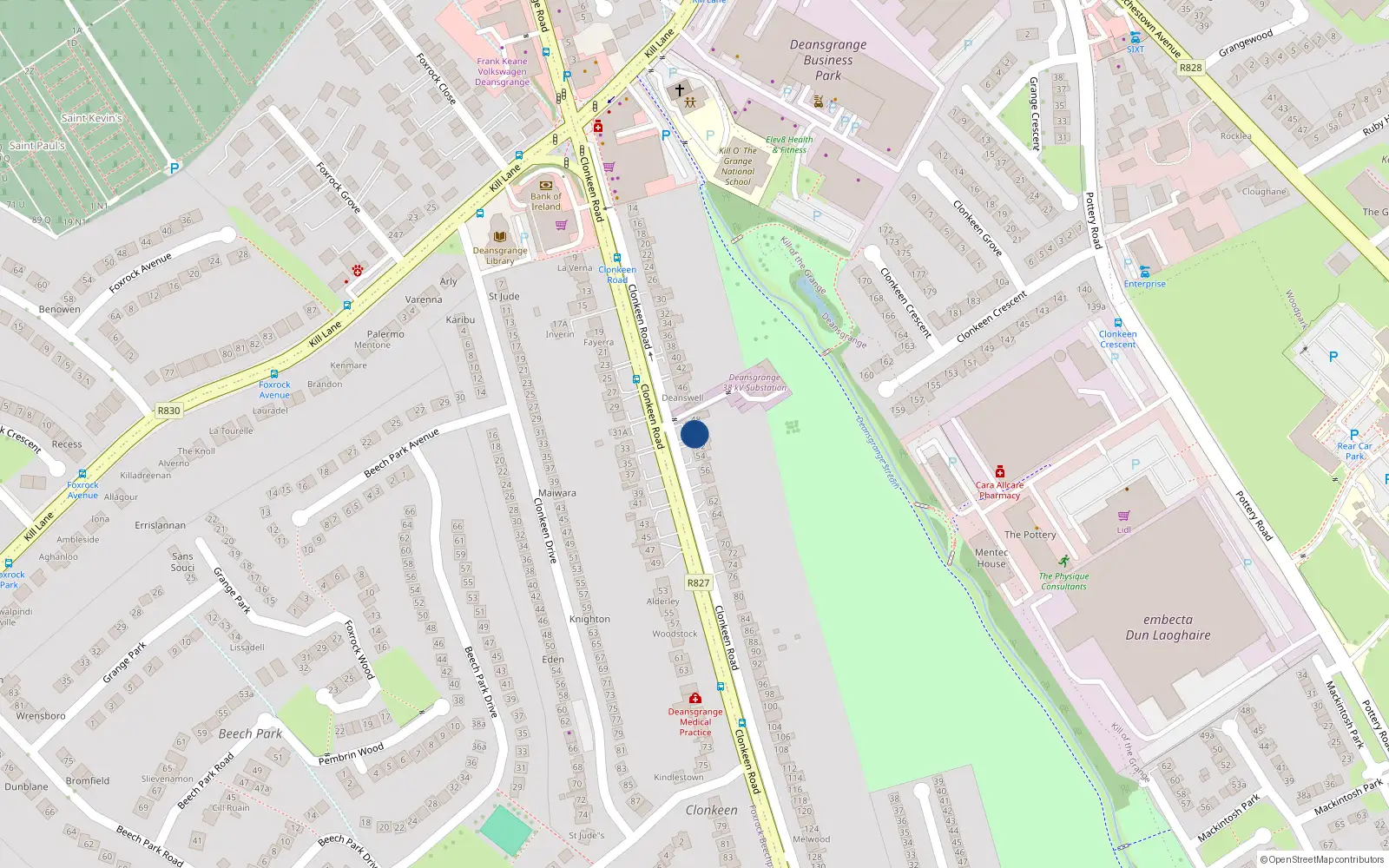 Overhead map showing the location of 50 Clonkeen Road, Blackrock