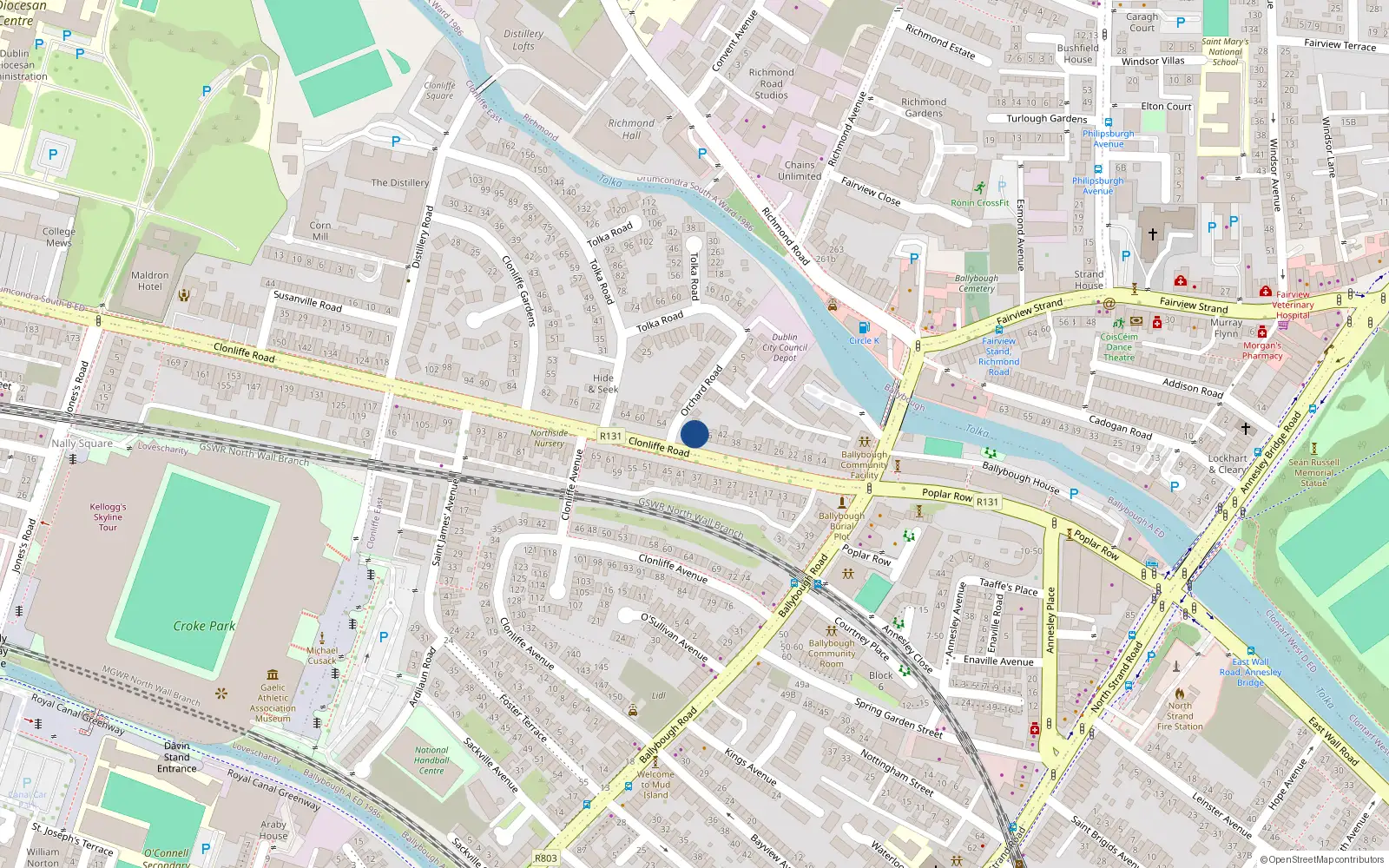 Overhead map showing the location of 50 Clonliffe Road, Drumcondra, Dublin 3