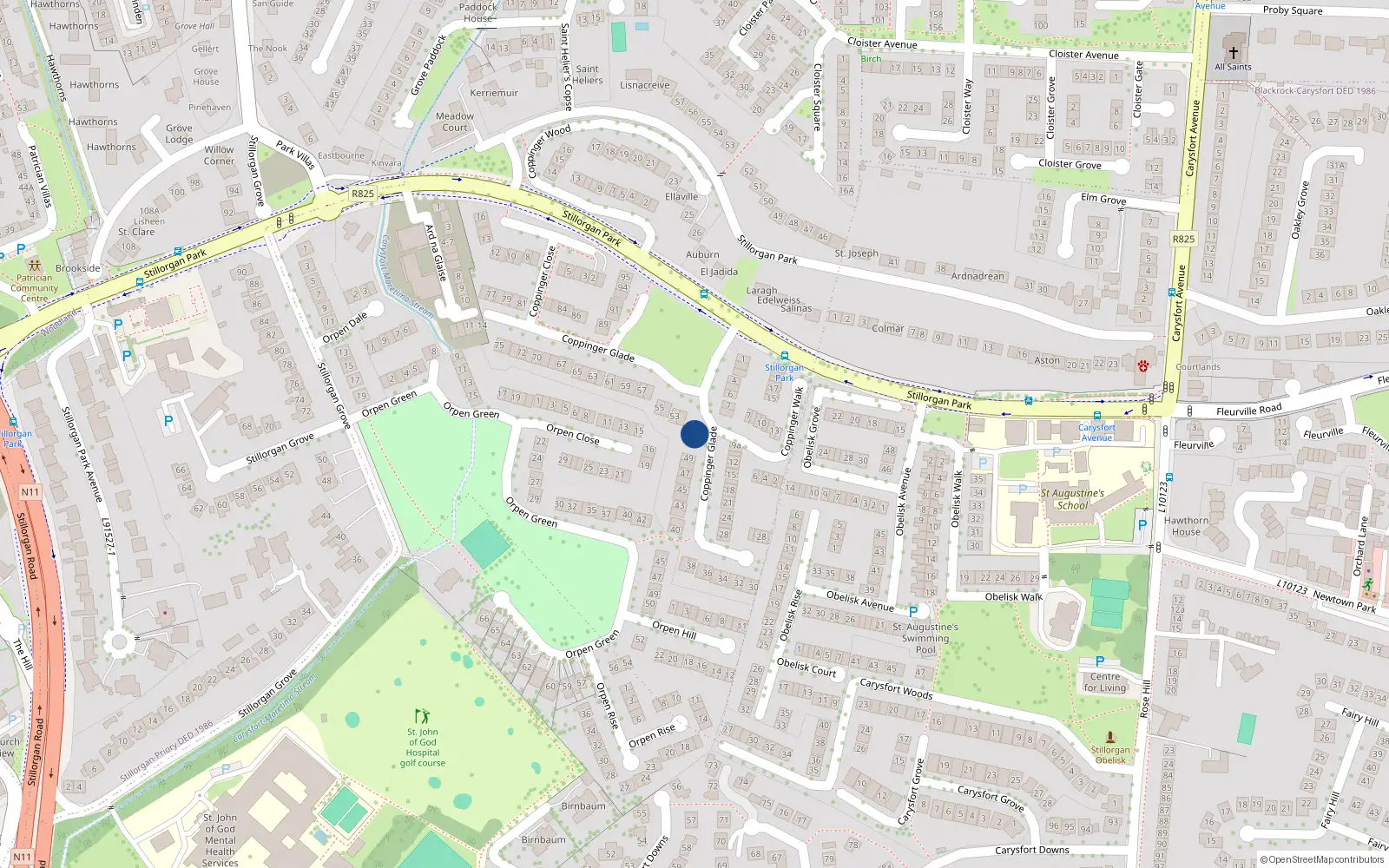 Overhead map showing the location of 50 Coppinger Glade, Stillorgan Park, Blackrock