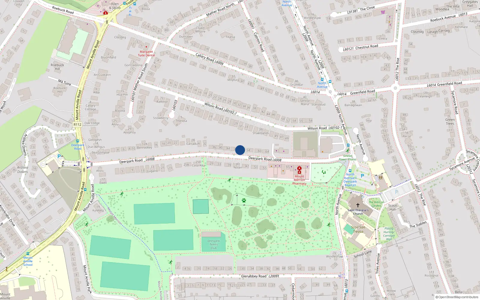 Overhead map showing the location of 50 Deerpark Road, Mount Merrion, Dublin