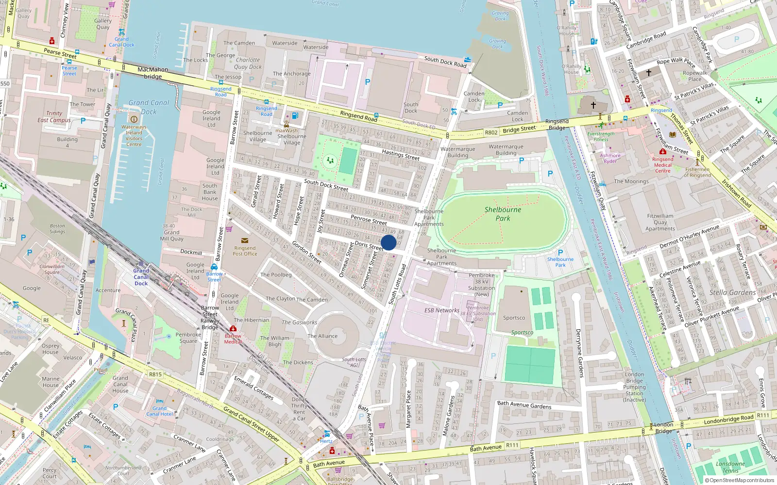 Overhead map showing the location of 50 Doris Street, Dublin 4