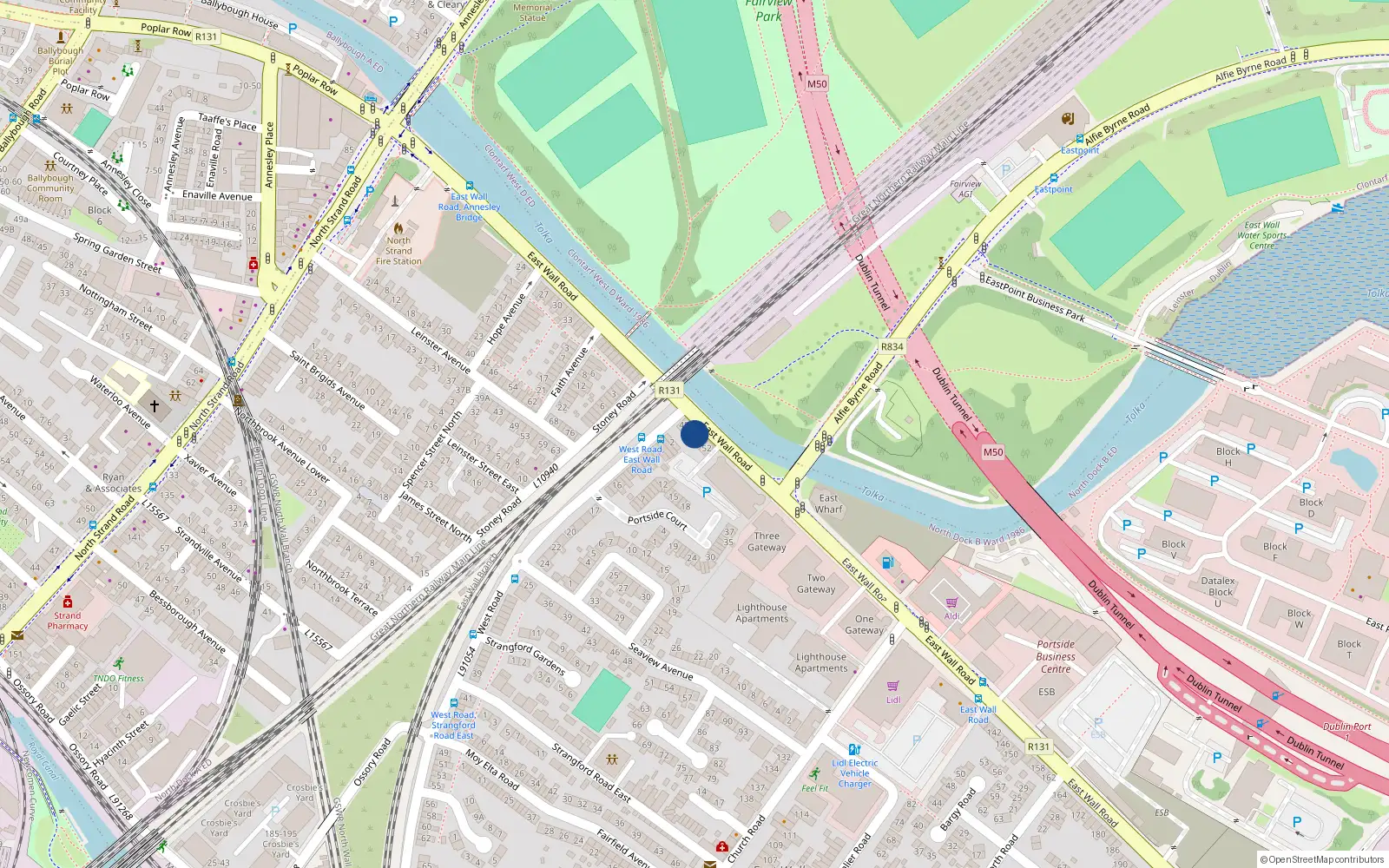 Overhead map showing the location of 50 East Wall Road, Dublin 3