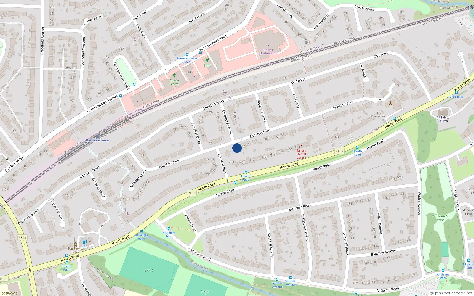 Overhead map showing the location of 50 Ennafort Park, Raheny, Dublin 5