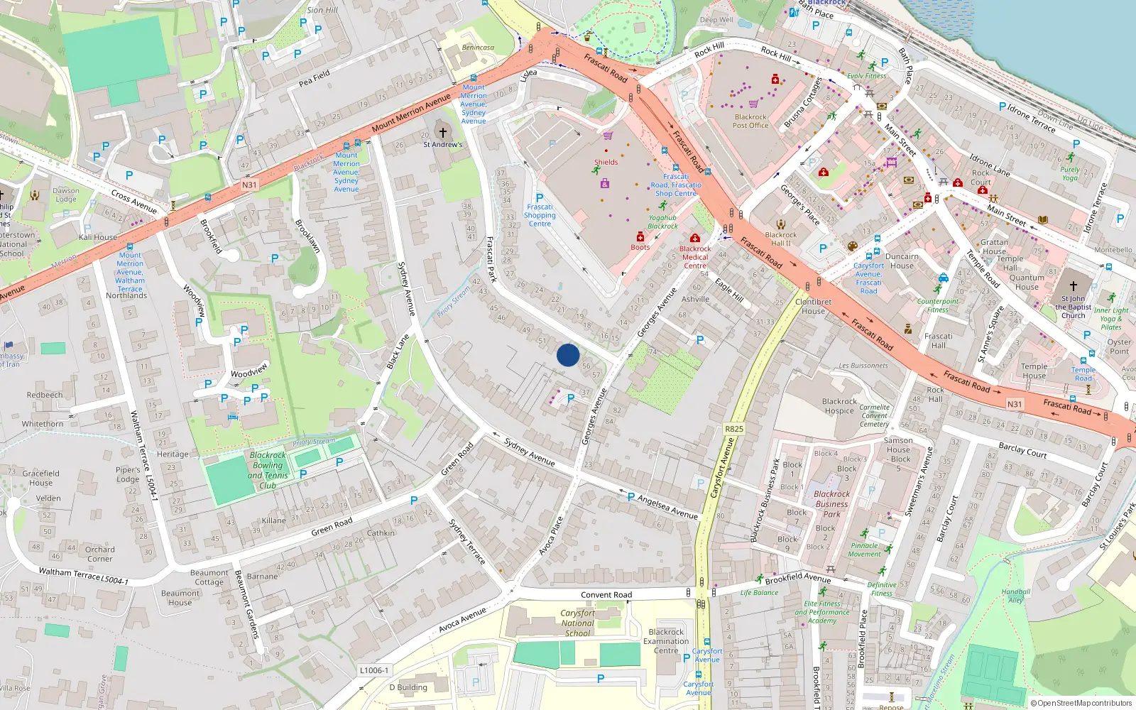 Overhead map showing the location of 50 Frascati Park, Blackrock, Dublin