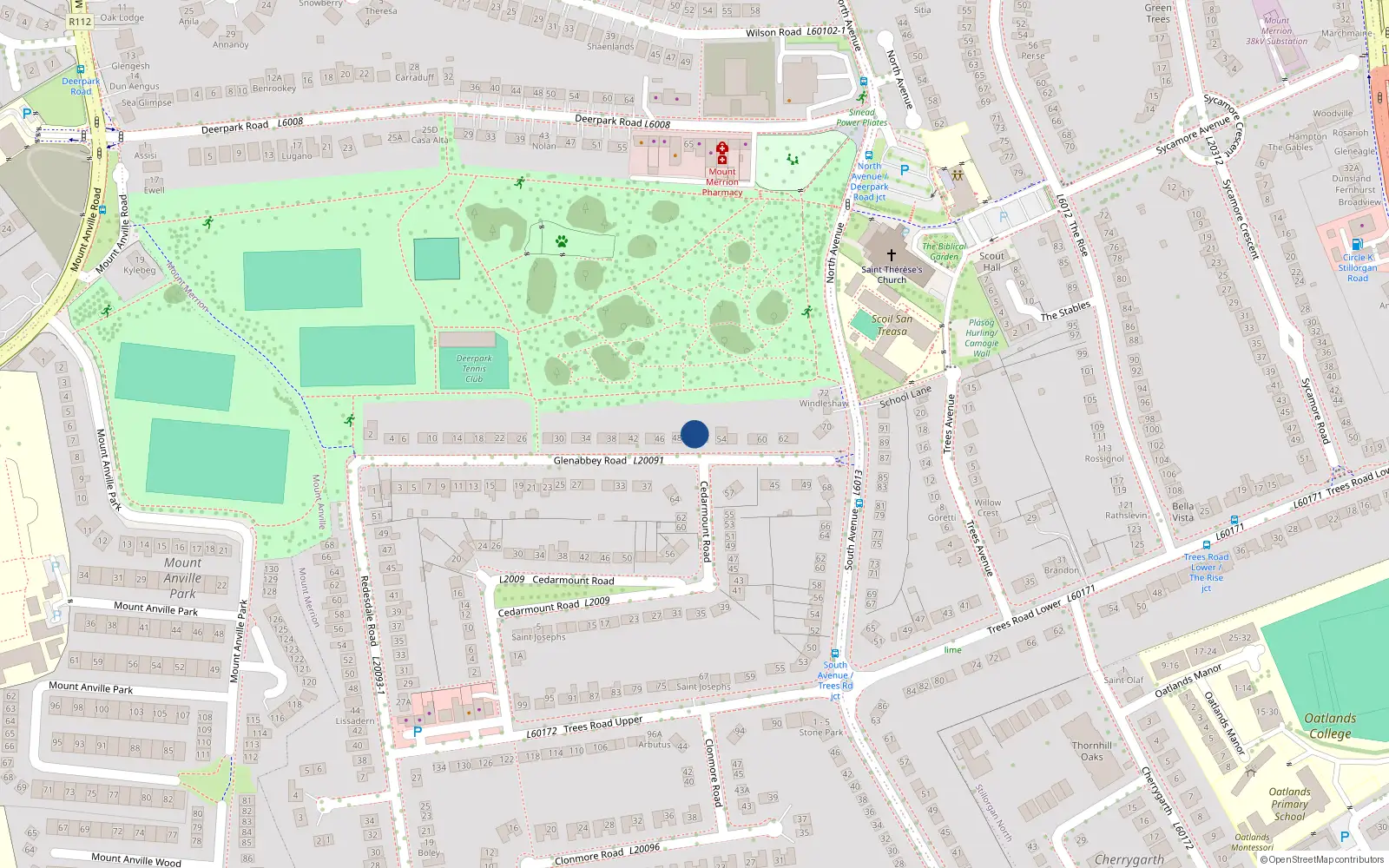Overhead map showing the location of 50 Glenabbey Road, Blackrock