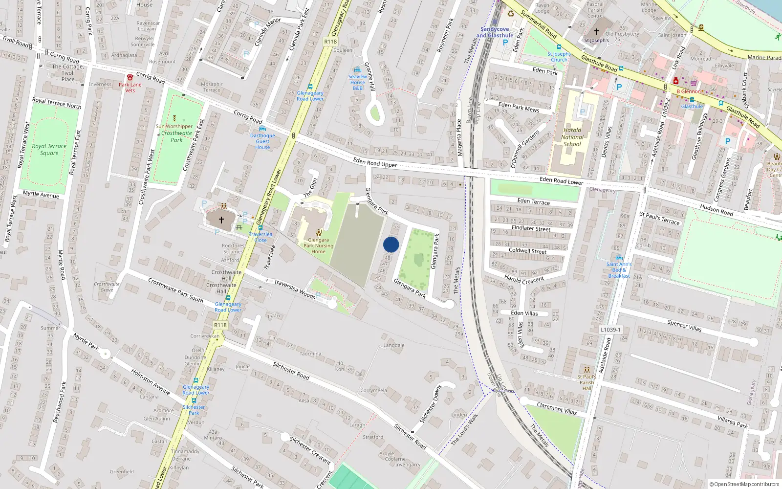 Overhead map showing the location of 50 Glengara Park, County Dublin