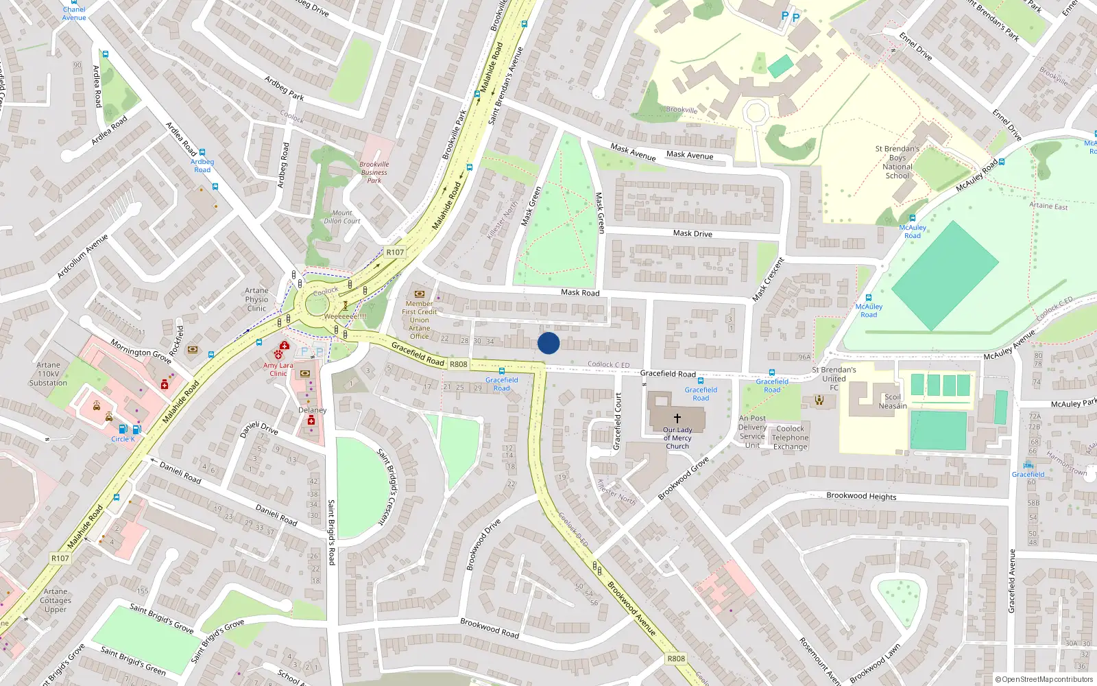 Overhead map showing the location of 50 Gracefield Road, Dublin 5