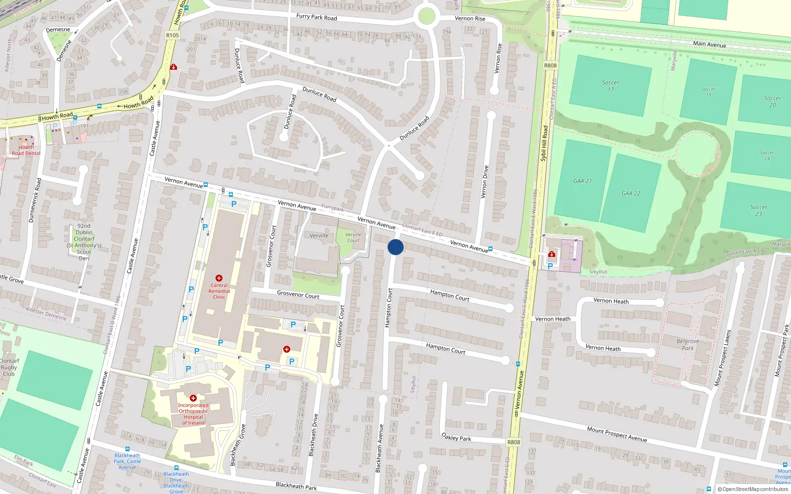 Overhead map showing the location of 50 Hampton Court, Clontarf Dublin 3