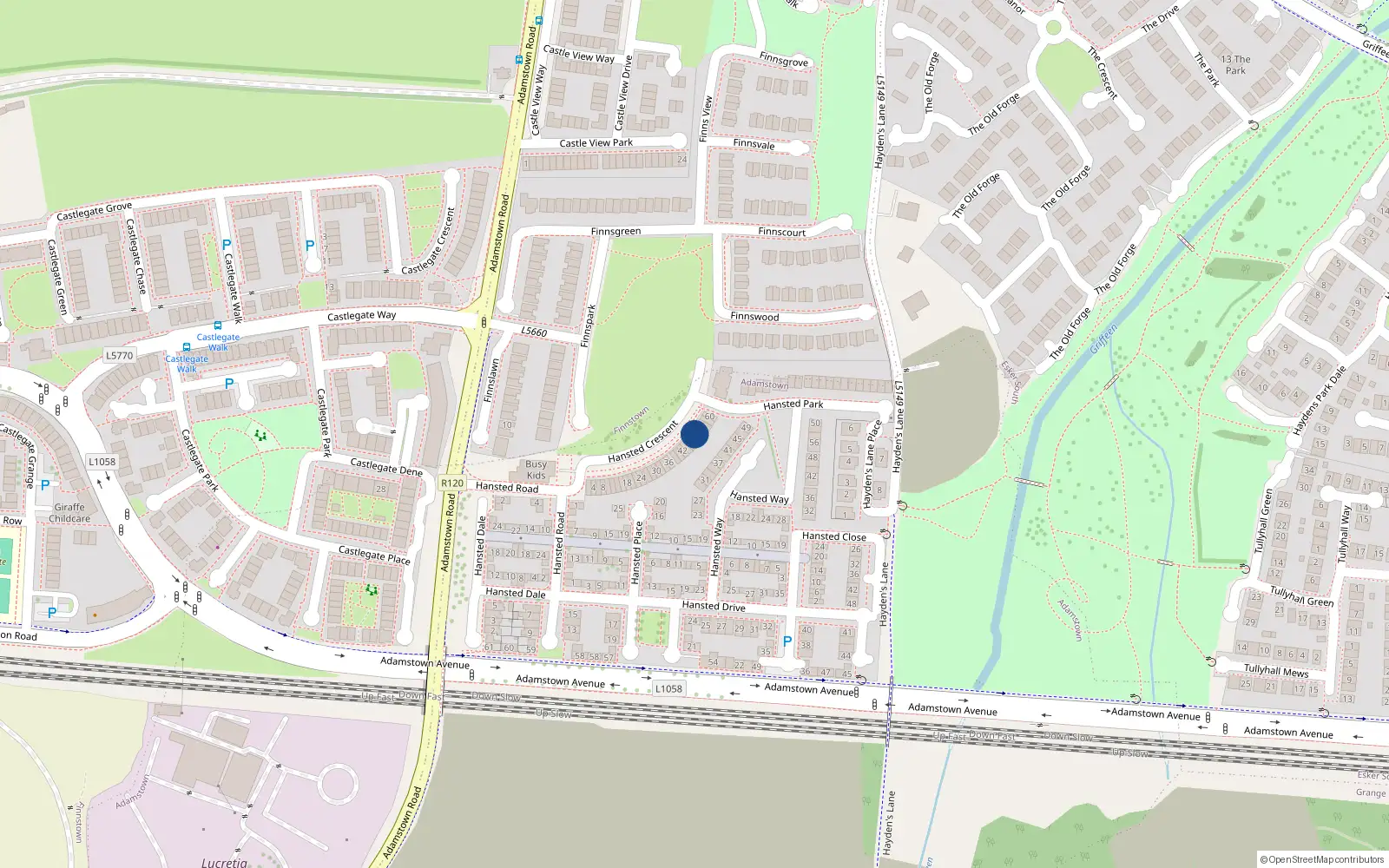 Overhead map showing the location of 50 Hansted Crescent, Lucan