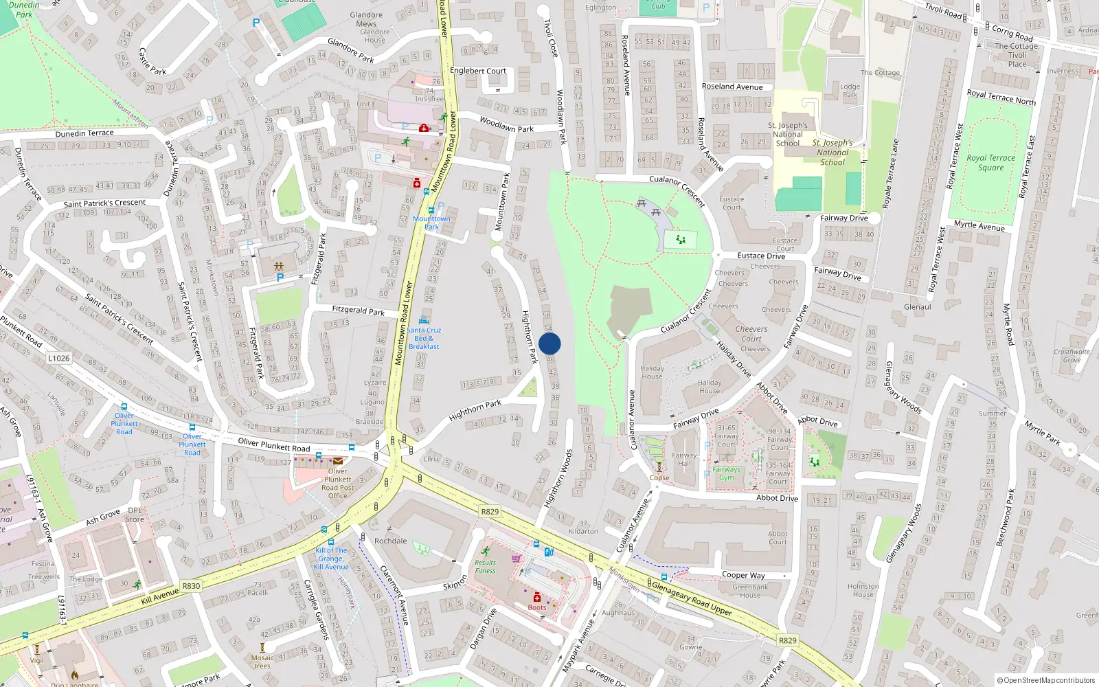 Overhead map showing the location of 50 Highthorn Park, Dun Laoghaire, Dublin
