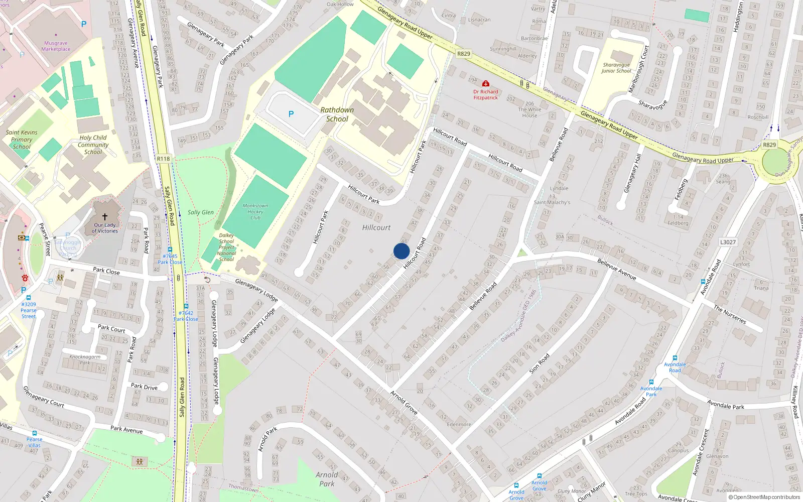 Overhead map showing the location of 50 Hillcourt Road, Dublin