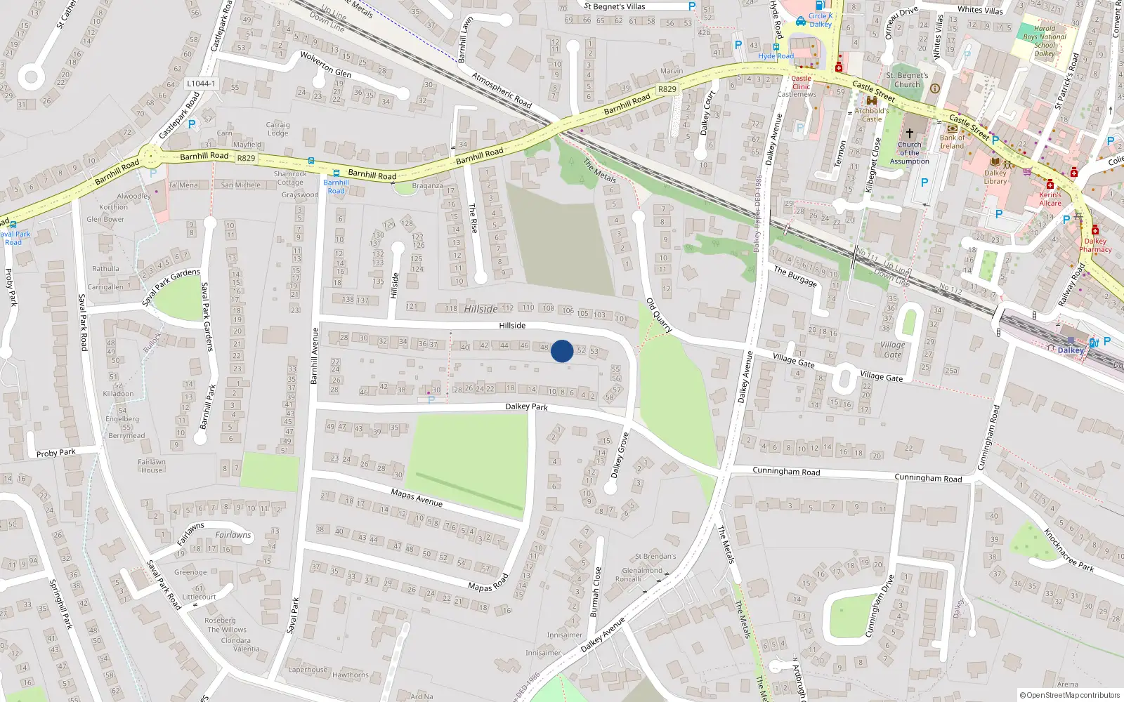 Overhead map showing the location of 50 Hillside, Dalkey, Co Dublin