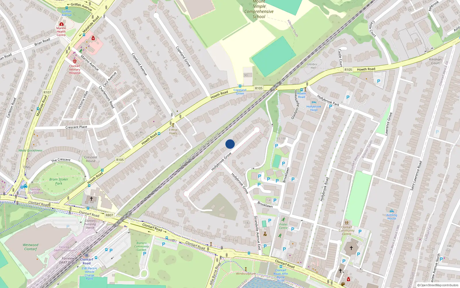 Overhead map showing the location of 50 Hollybrook Grove, Dublin 3