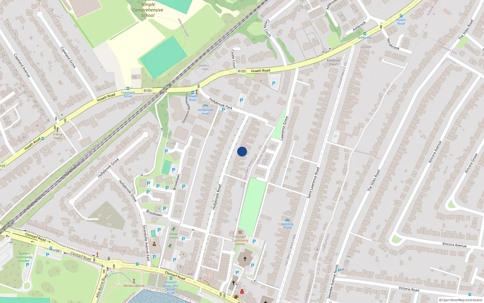 Overhead map showing the location of 50 Hollybrook Road, Dublin 3