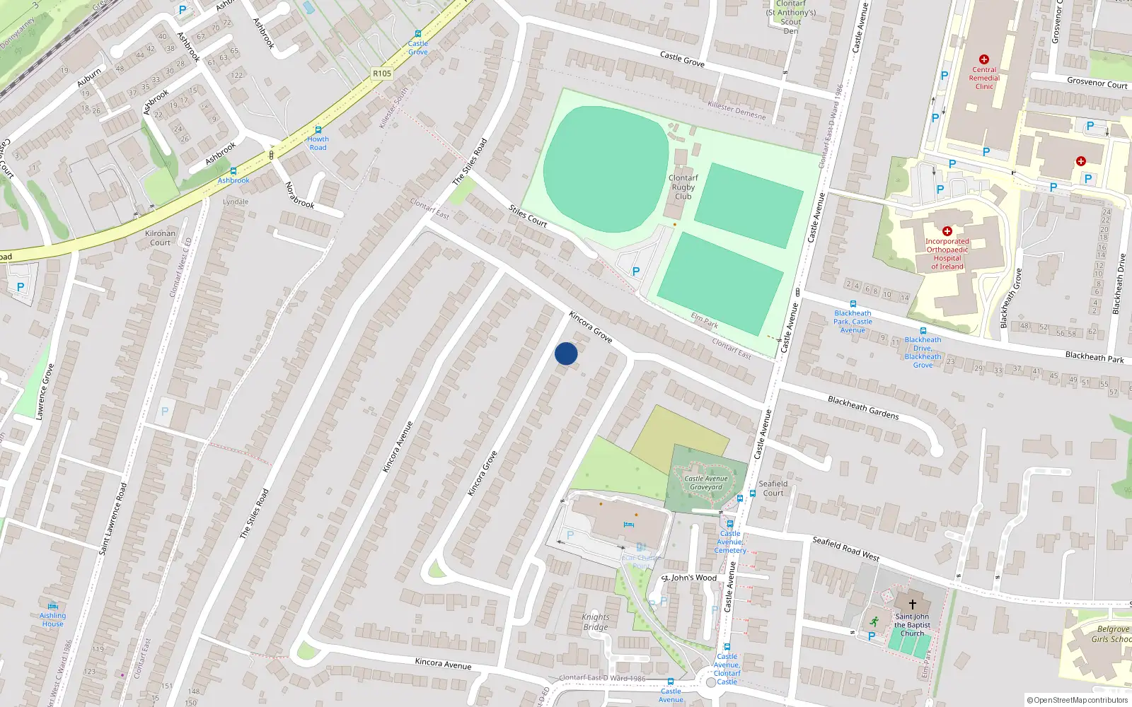 Overhead map showing the location of 50 Kincora Drive, Clontarf, Dublin 3