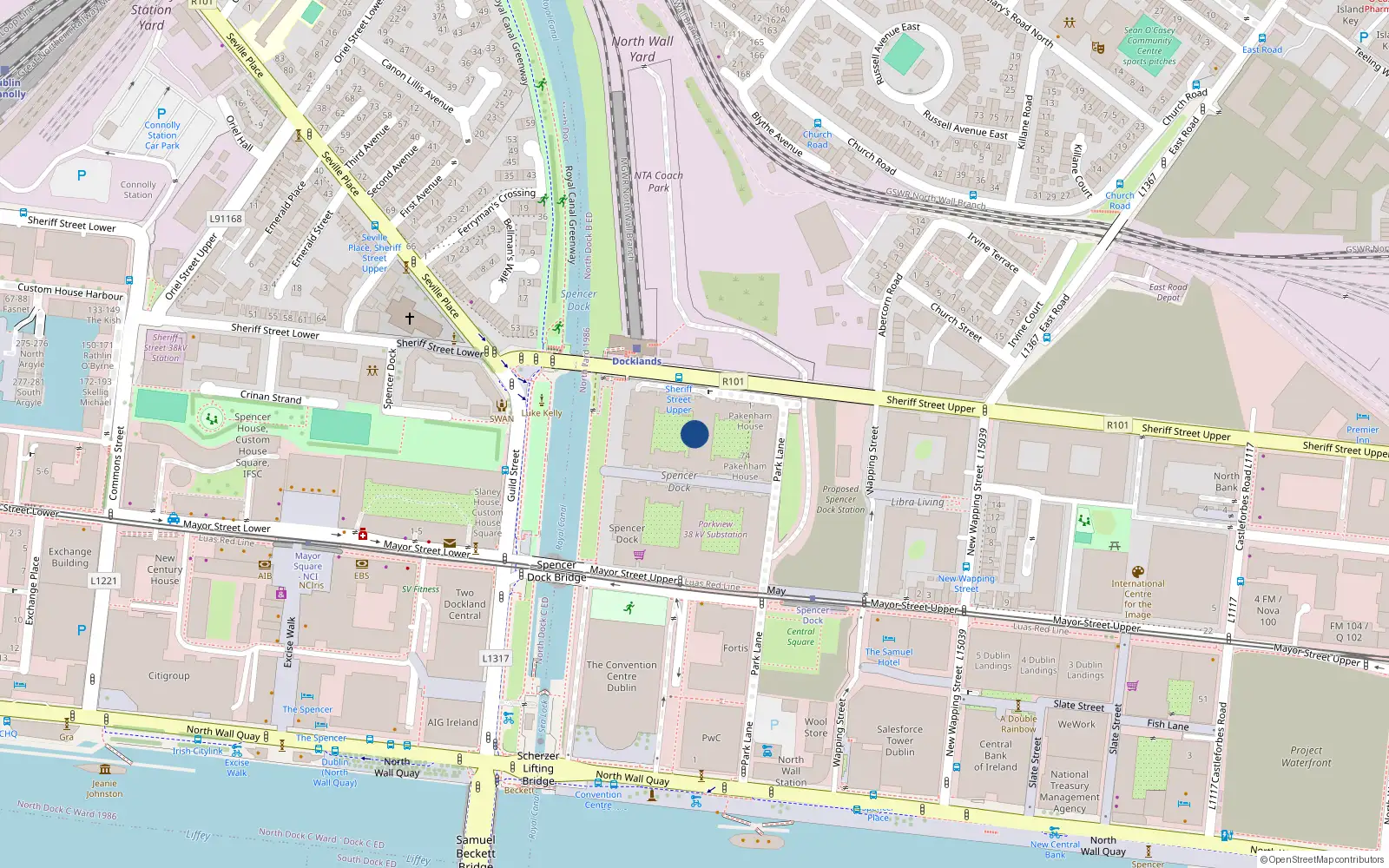 Overhead map showing the location of 50 Kirkpatrick, Spencer Dock, Dublin 1