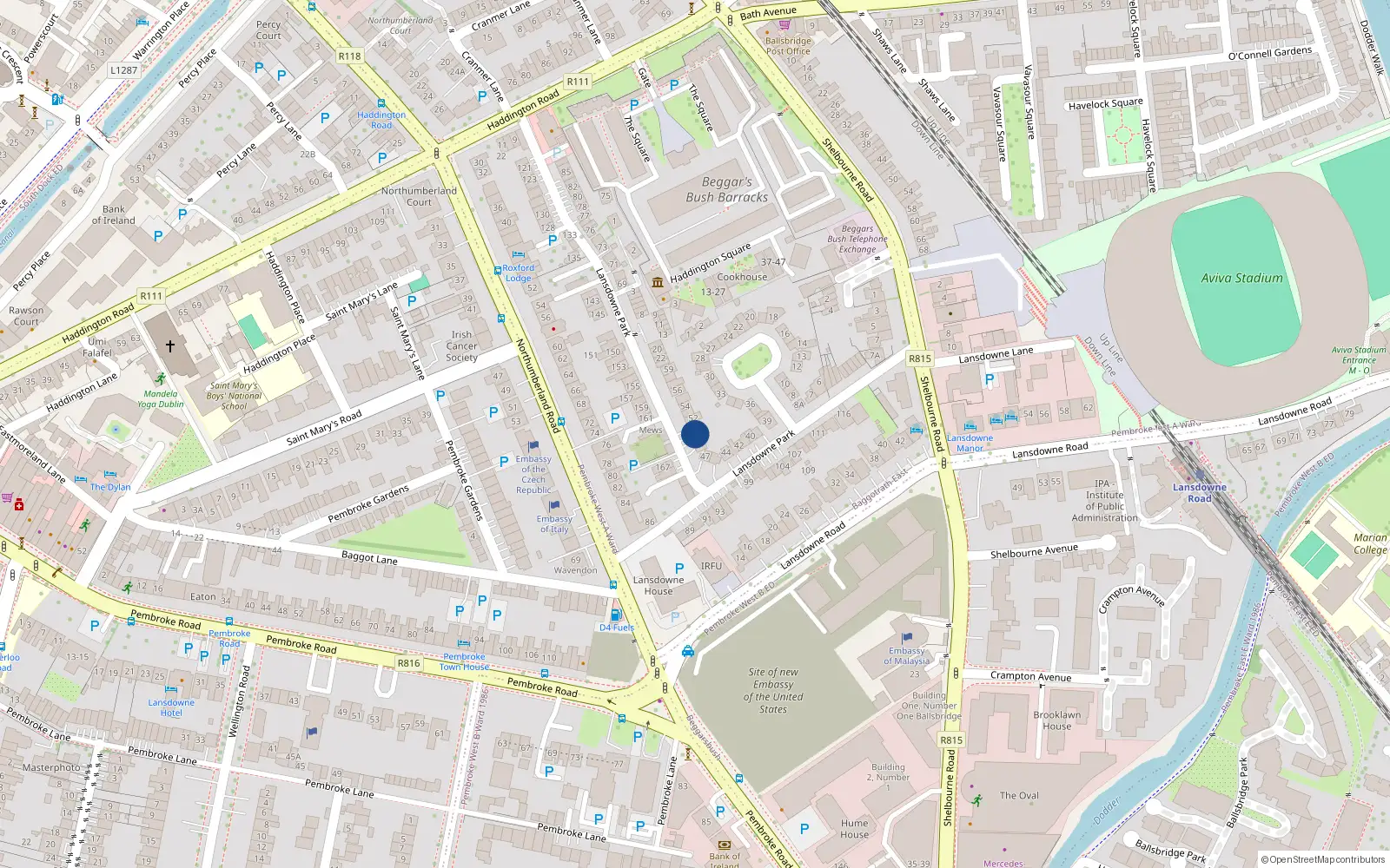 Overhead map showing the location of 50 Lansdowne Park, Dublin 4