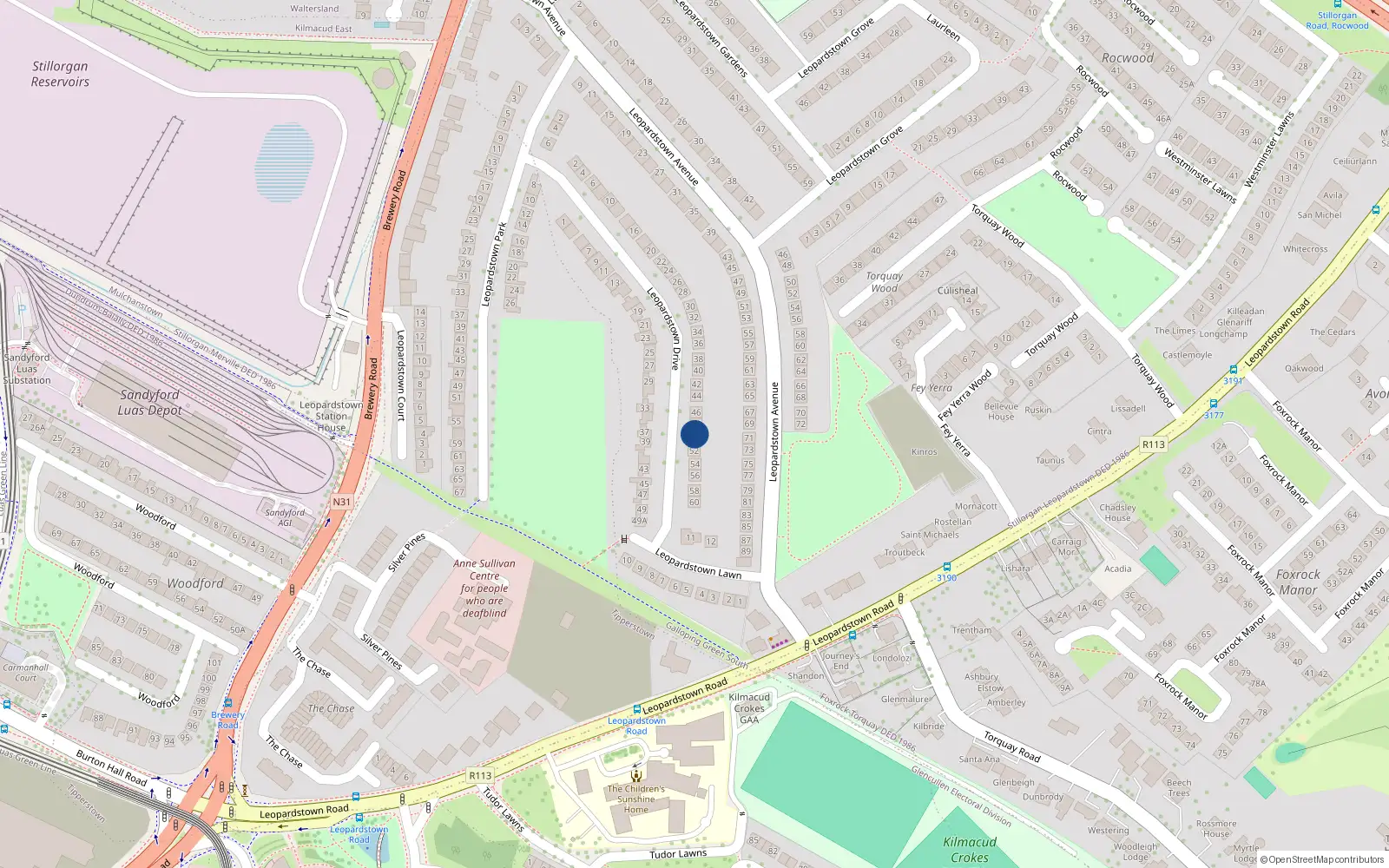 Overhead map showing the location of 50 Leopardstown Drive, Dublin