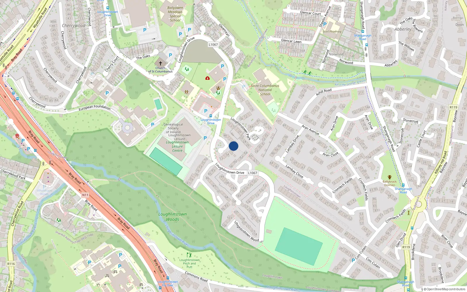 Overhead map showing the location of 50 Loughlinstown Park, Dun Laoghaire, Dublin