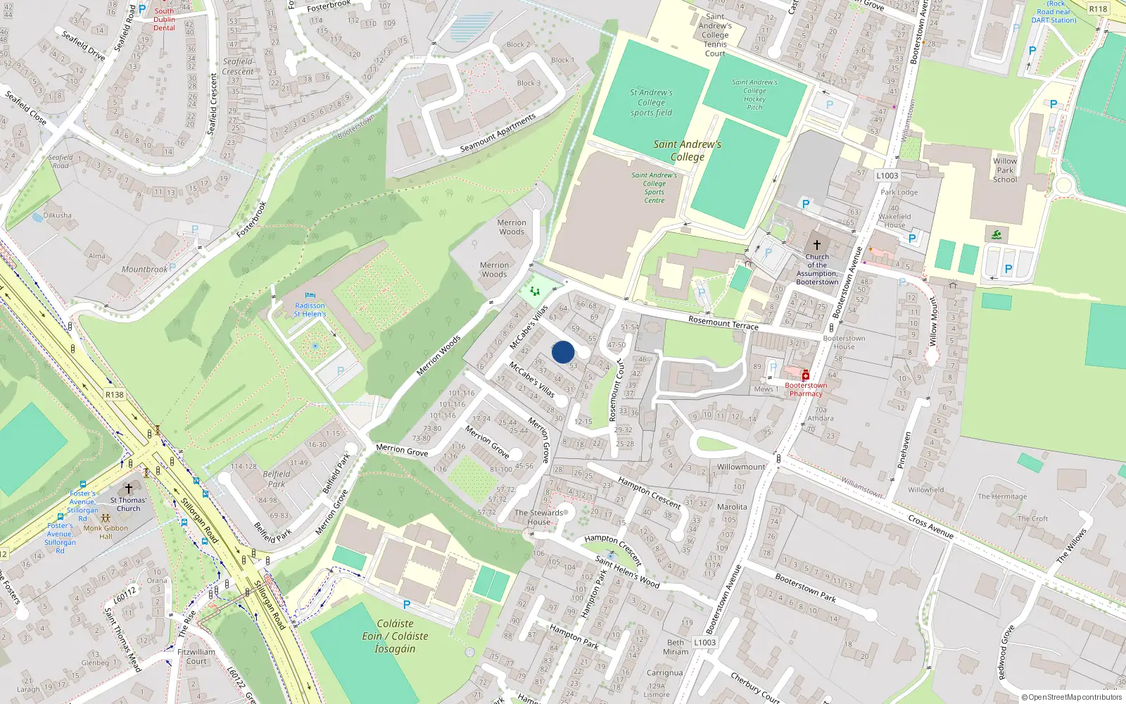Overhead map showing the location of 50 McCabe's Villas, Booterstown