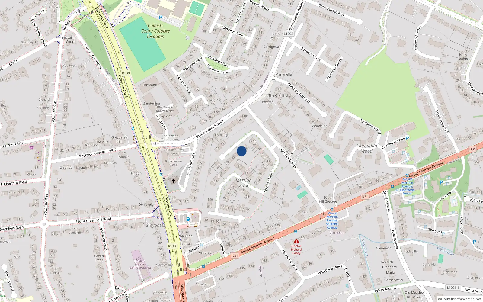 Overhead map showing the location of 50 Merrion Park, South Hill Avenue, Blackrock