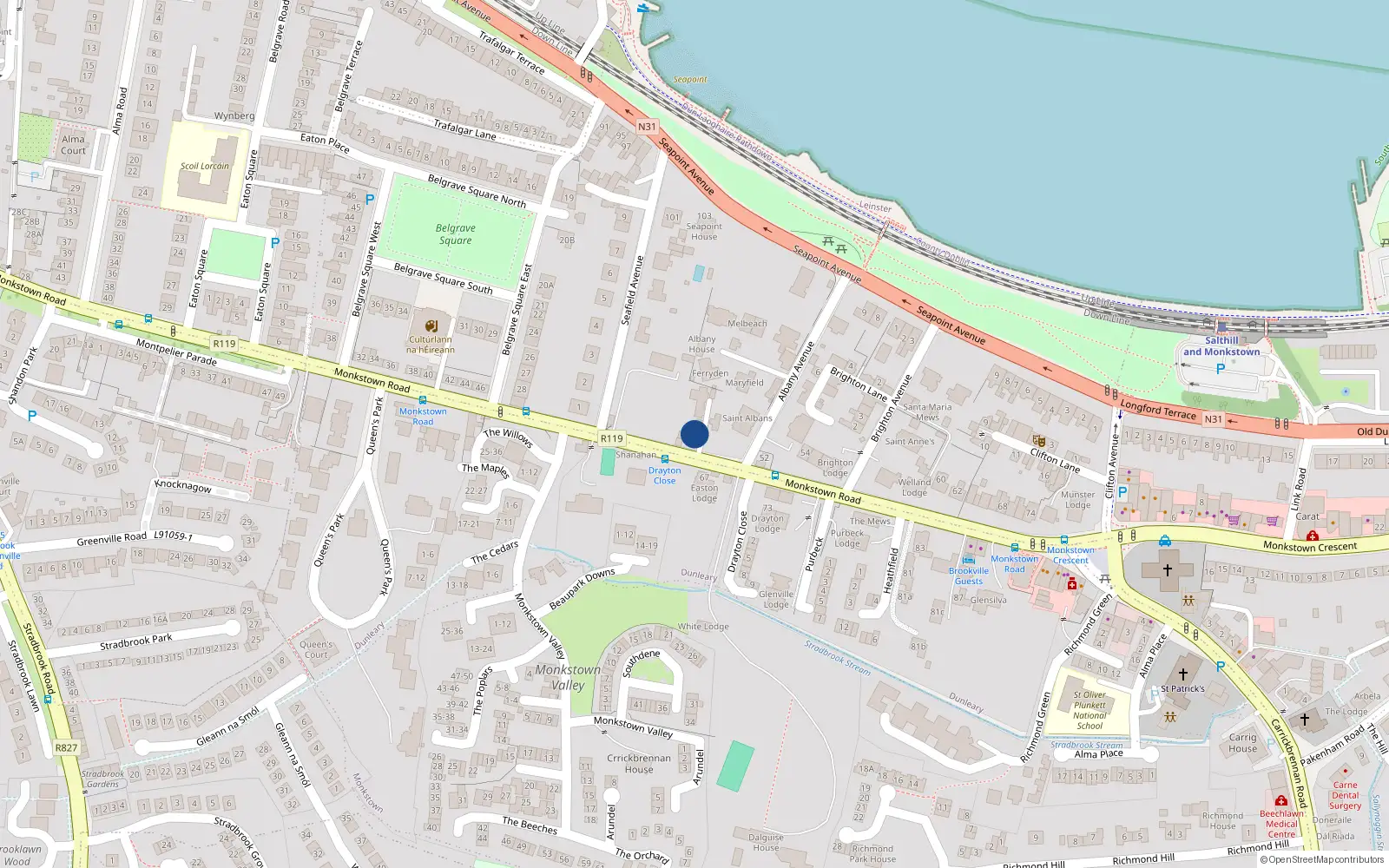 Overhead map showing the location of 50 Monkstown Road, Monkstown, Dublin